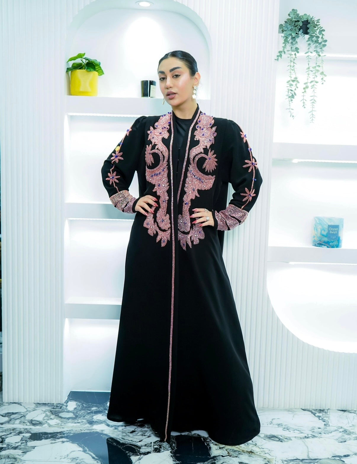 M004 - Saaib Abaya-custom abayas, luxury abayas, elegant abayas, modest fashion, bespoke abayas, handmade abayas, Qatar fashion