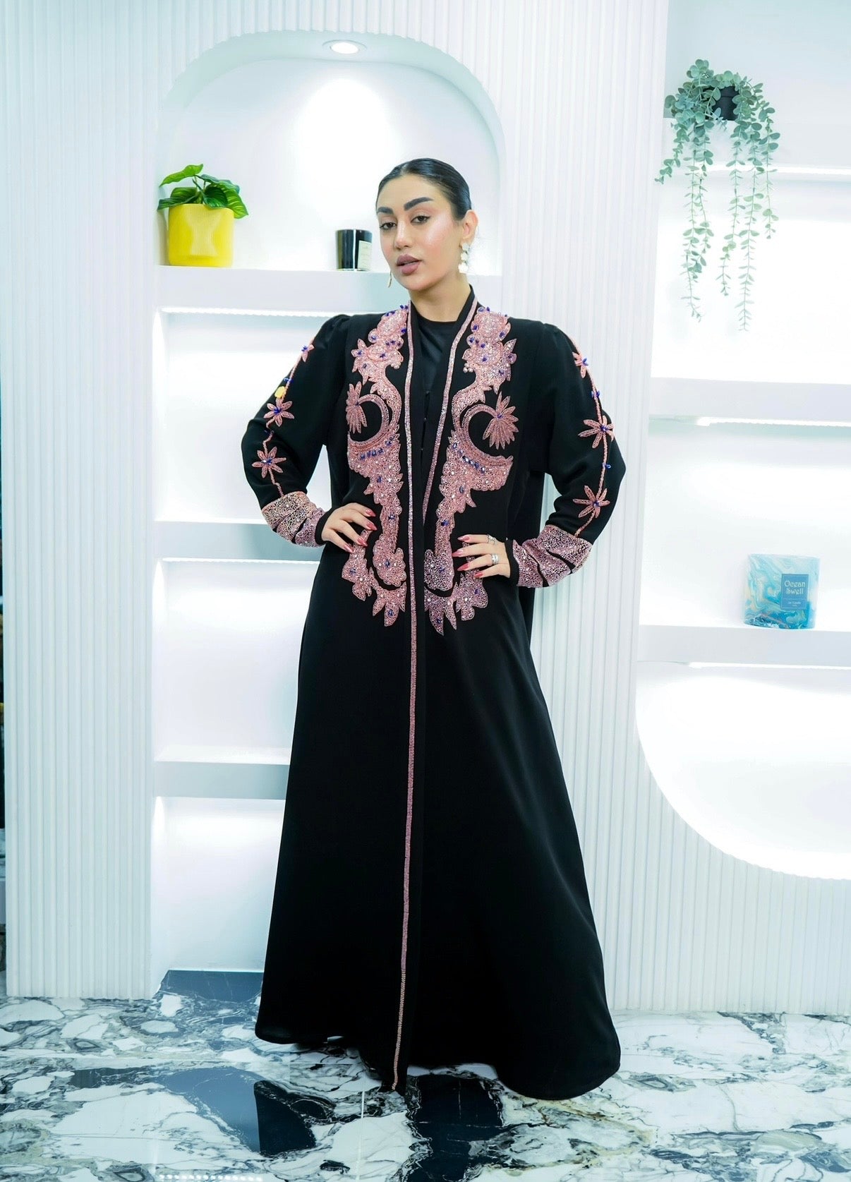 M004 - Saaib Abaya-custom abayas, luxury abayas, elegant abayas, modest fashion, bespoke abayas, handmade abayas, Qatar fashion
