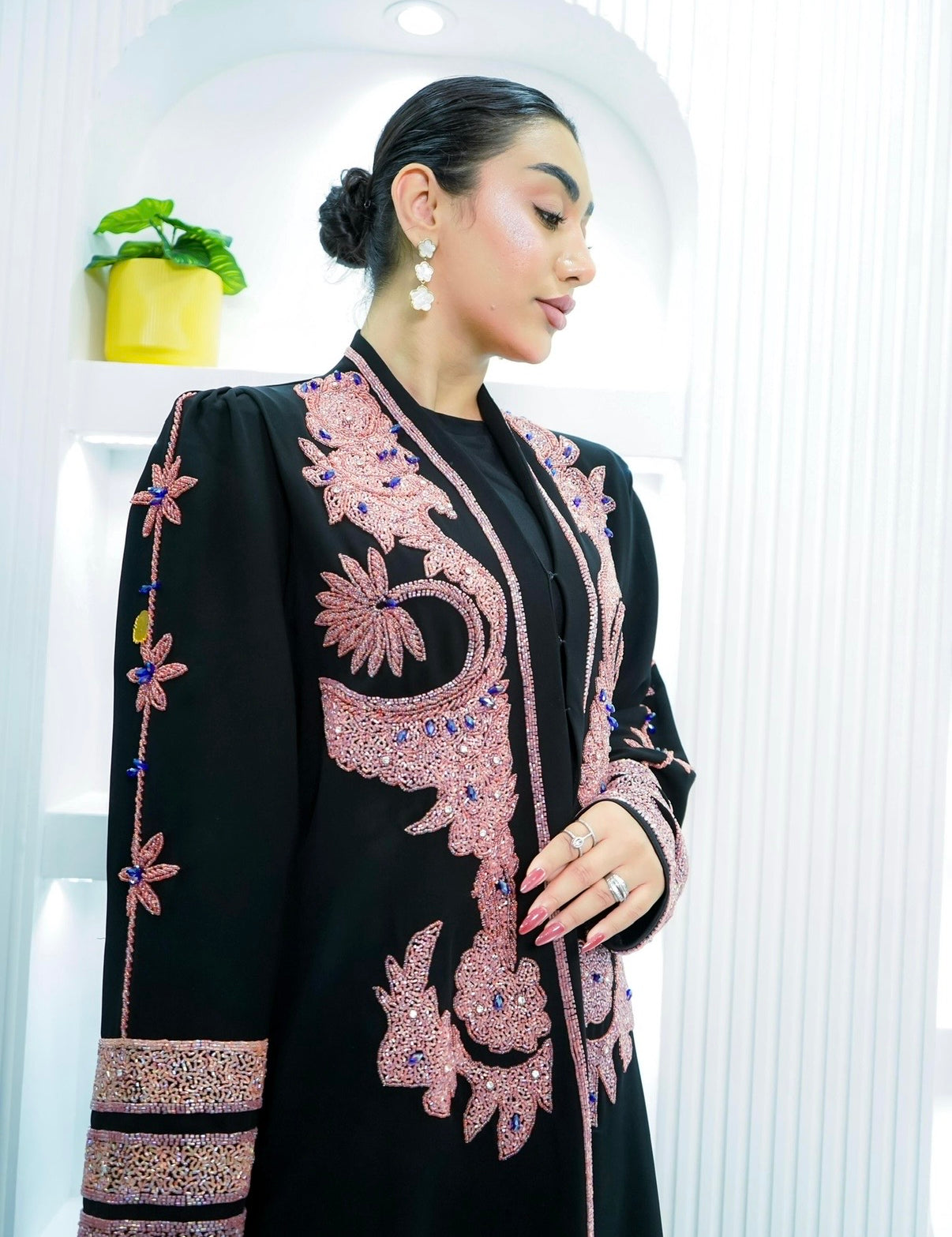 M004 - Saaib Abaya-custom abayas, luxury abayas, elegant abayas, modest fashion, bespoke abayas, handmade abayas, Qatar fashion