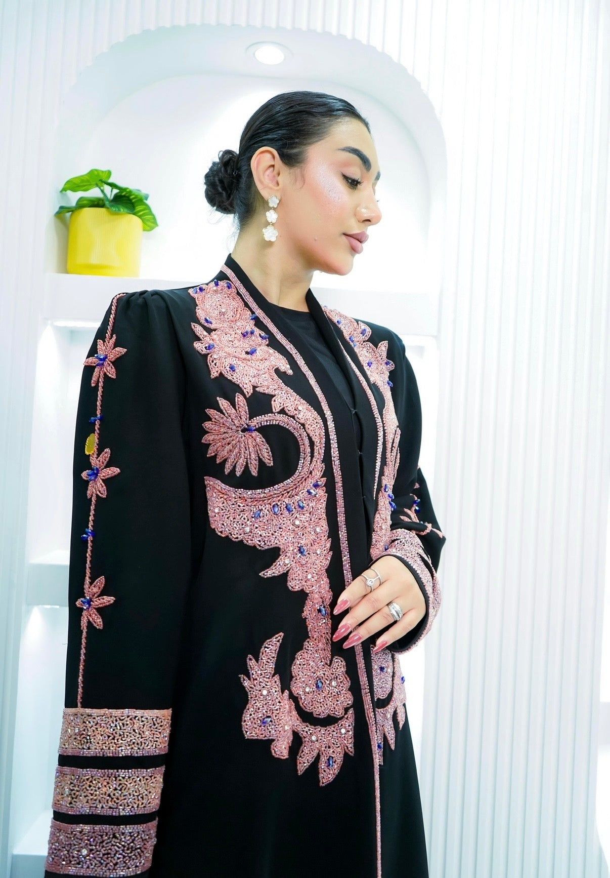 M004 - Saaib Abaya-custom abayas, luxury abayas, elegant abayas, modest fashion, bespoke abayas, handmade abayas, Qatar fashion