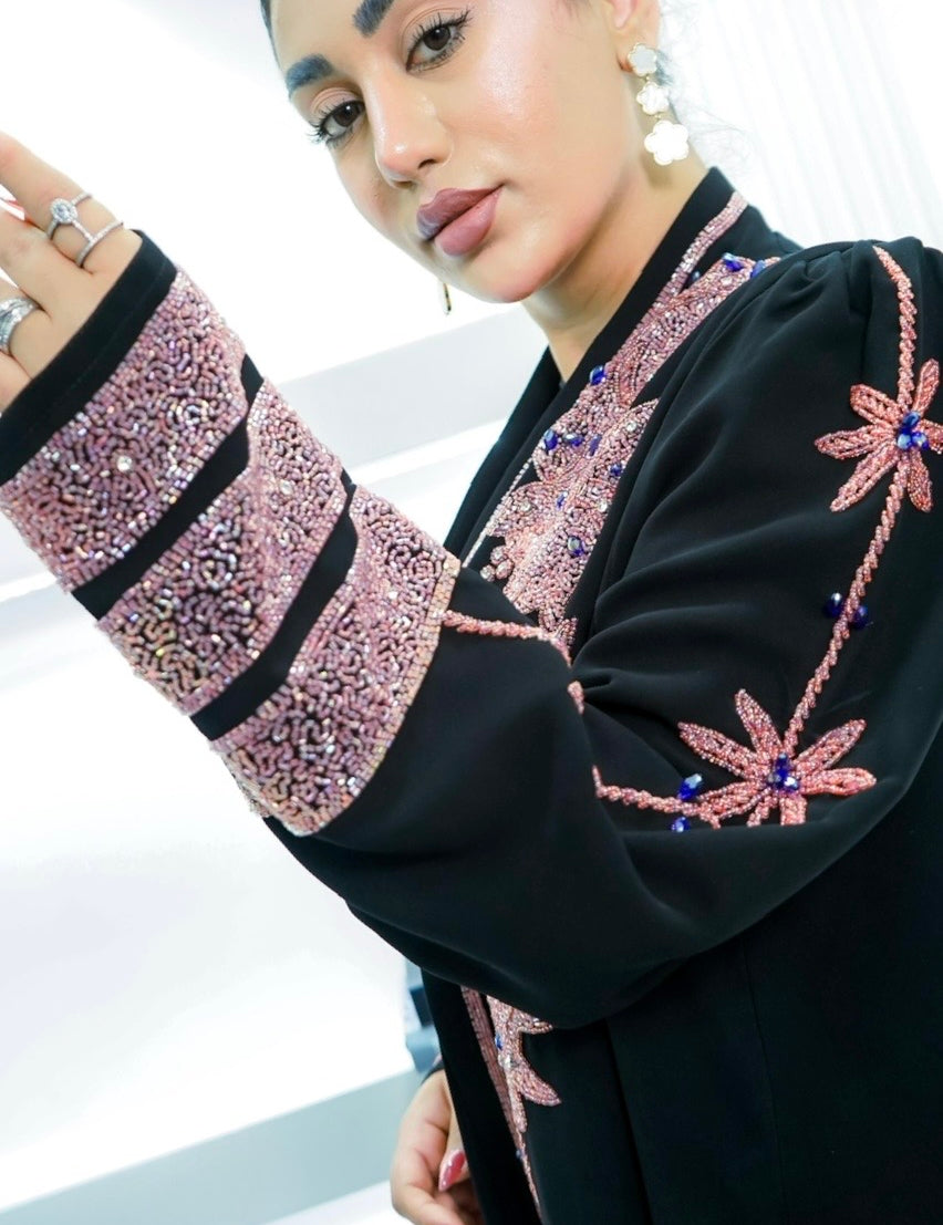 M004 - Saaib Abaya-custom abayas, luxury abayas, elegant abayas, modest fashion, bespoke abayas, handmade abayas, Qatar fashion