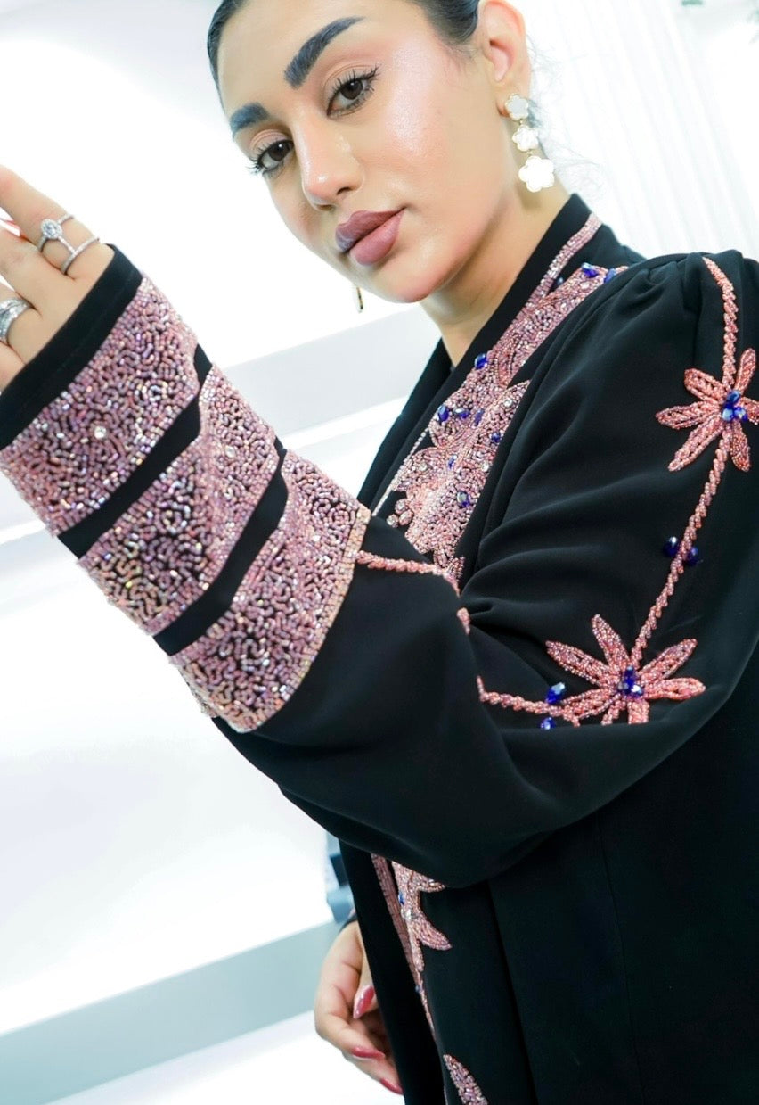 M004 - Saaib Abaya-custom abayas, luxury abayas, elegant abayas, modest fashion, bespoke abayas, handmade abayas, Qatar fashion