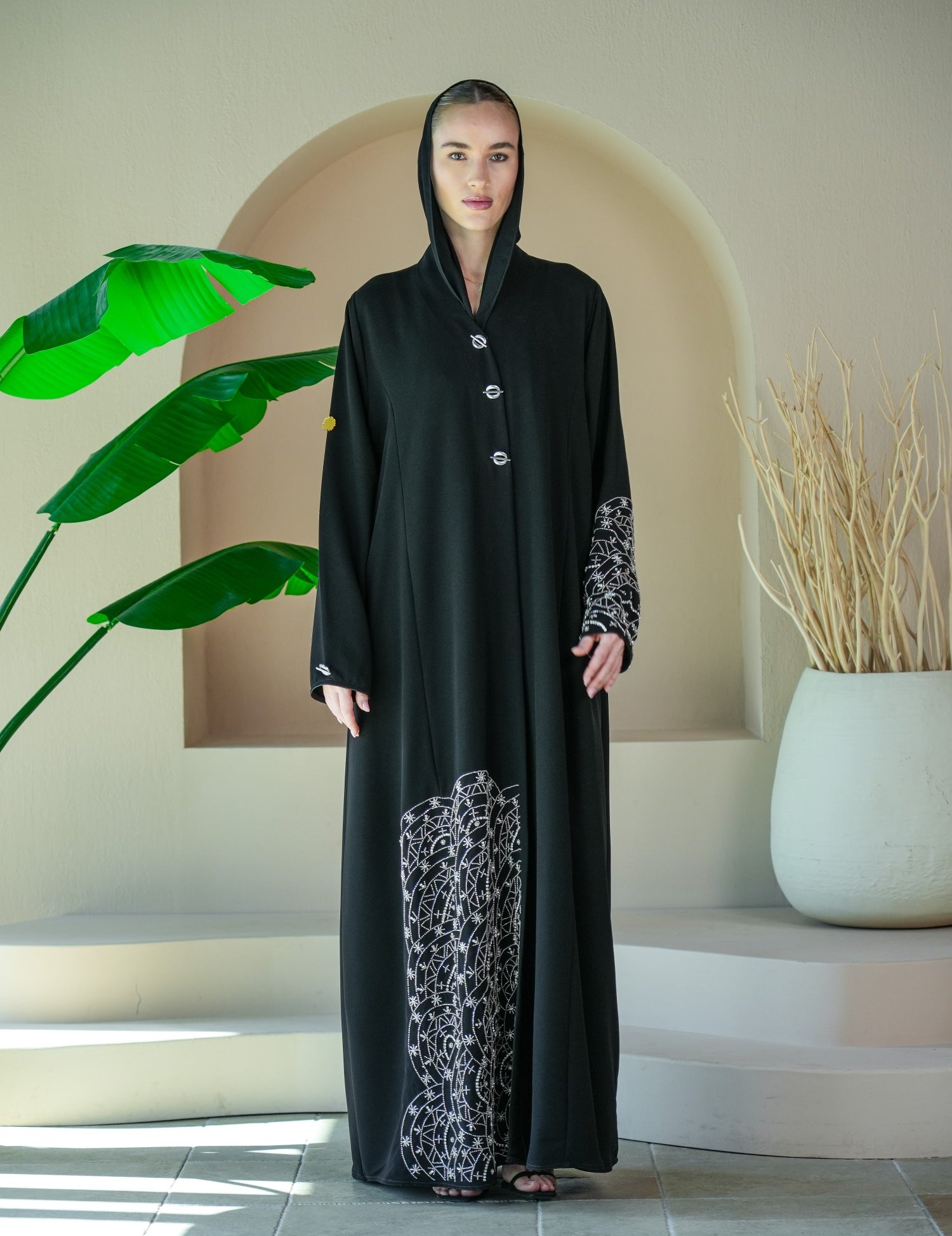 S034 - Saaib Abaya-custom abayas, luxury abayas, elegant abayas, modest fashion, bespoke abayas, handmade abayas, Qatar fashion
