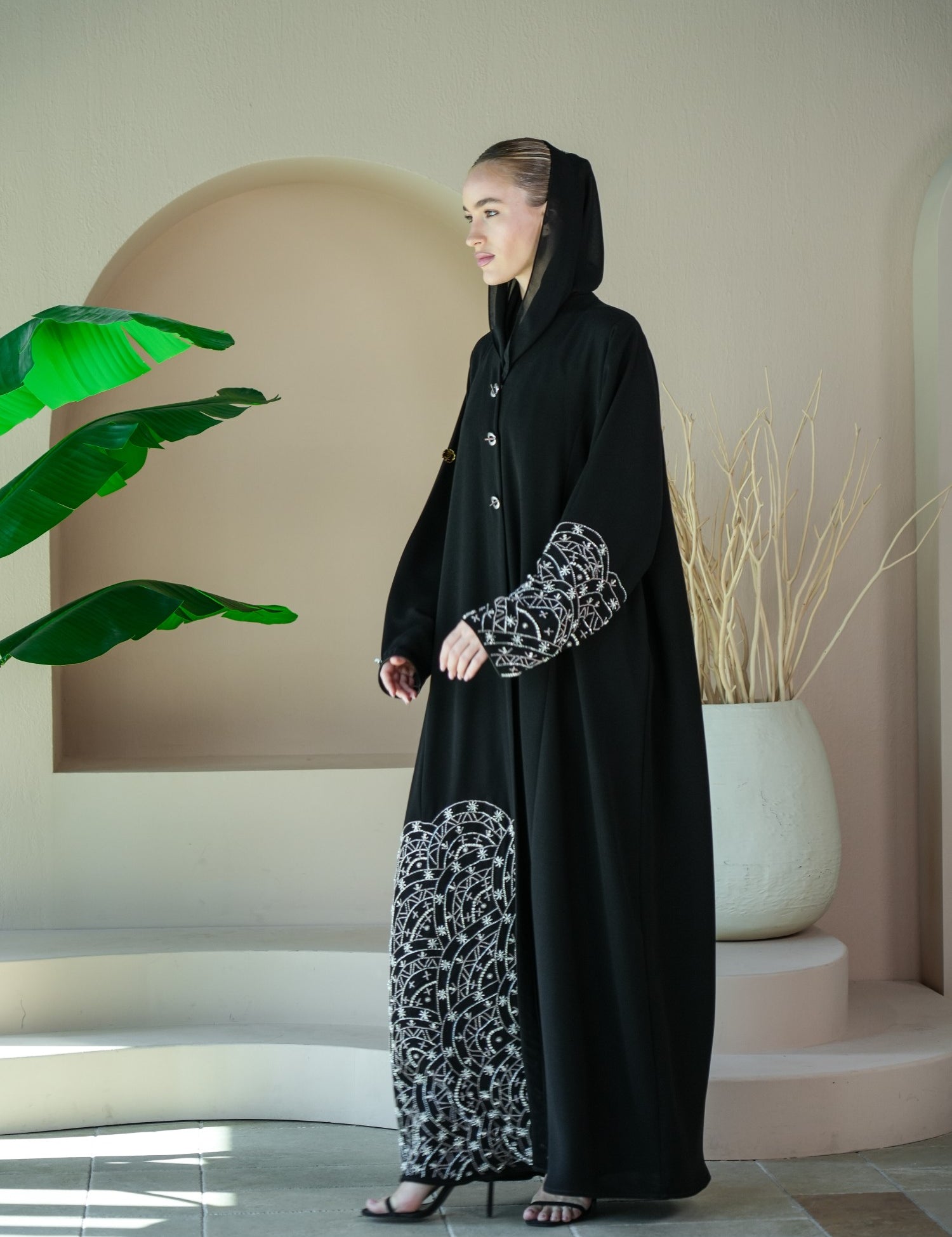 S034 - Saaib Abaya-custom abayas, luxury abayas, elegant abayas, modest fashion, bespoke abayas, handmade abayas, Qatar fashion