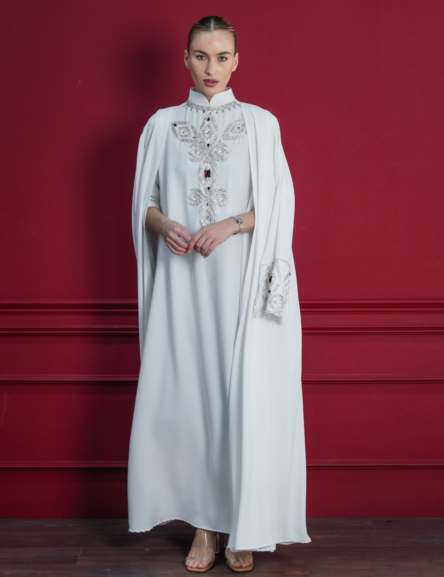 S018 - Saaib Abaya-custom abayas, luxury abayas, elegant abayas, modest fashion, bespoke abayas, handmade abayas, Qatar fashion